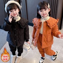 2021 autumn and winter girls plus velvet padded cotton suit womens treasure lace jacket tie pants casual two-piece set 999