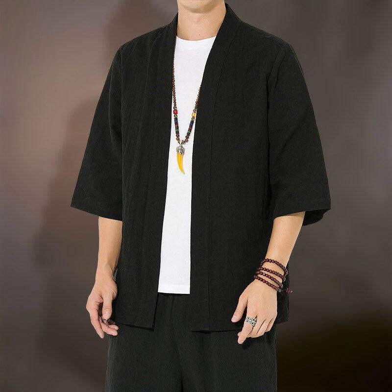 Summer Linen Half-Sleeve Hanfu Men's Clothing Chinese Style Cotton-Linen Three-Quarter Sleeve Cardigan Cloak Solid Color Breathable Thin Jacket