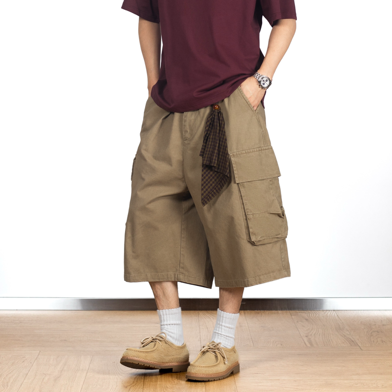 Fishlife26Ss New American Retro Style Cropped Pants with Washable Detachable Square Scarf, Large Pockets, Wide-Leg Workwear Seven-Point Pants Fishlife26Ss New American Retro Style Cropped Pants with Washable Detachable Square Scarf, Large Pockets, Wide-Leg Workwear Seven-Point Pants