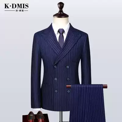 Blue striped double-breasted suit suit suit men's suit Korean version of handsome British style casual slim groom wedding ceremony