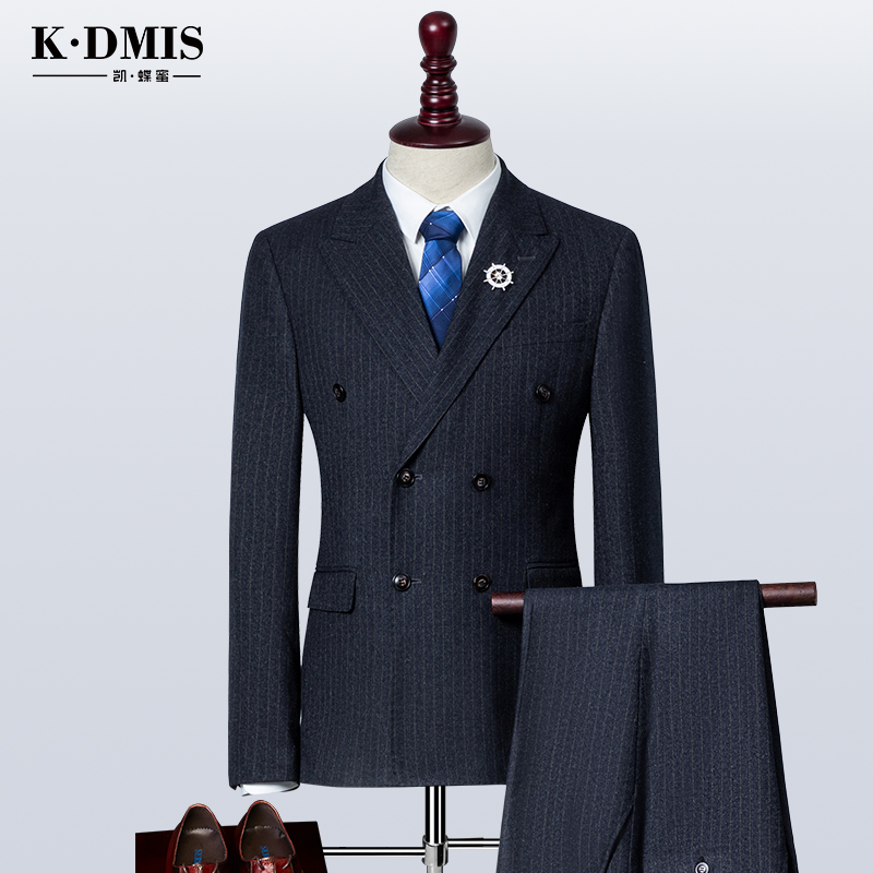 Striped suit set men's three-piece black double-row button-down trim Korean version of the groom's wedding dress is dressed in youth spring