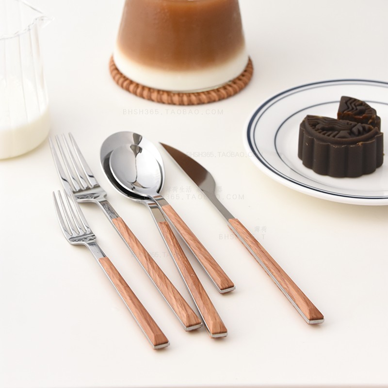 Japan-ROK small and clear new imitation wood handle stainless steel knife fork spoon Western-style cutlery fruit fork Bull Leather Knife Sweet Spoon main dining spoon