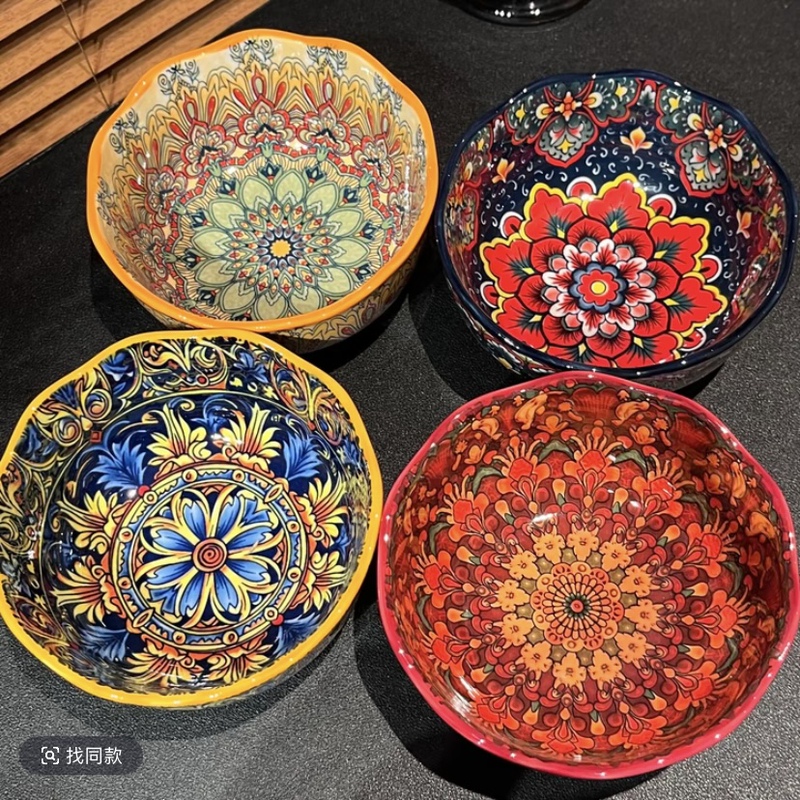 Foreign Trade Bohemian Crimson Feast Lace Rice Bowl 5-Inch Rice Bowl Underglaze Color Household Ceramic Tableware mm