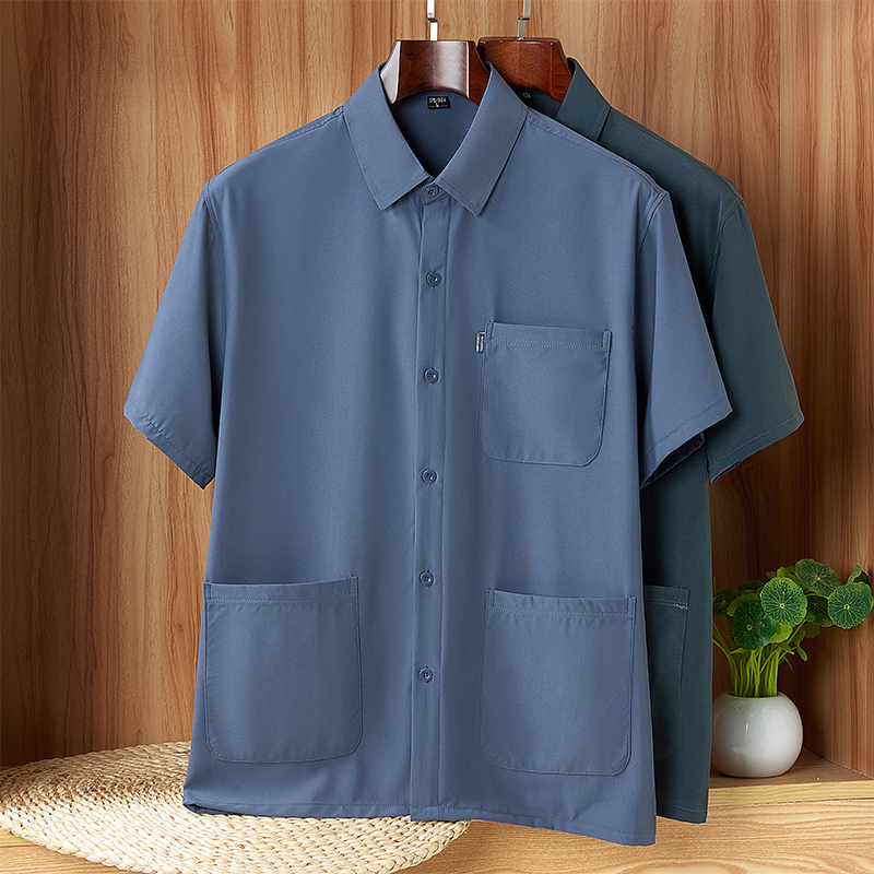 Dad's Summer Multi-Pocket Shirt, Middle-Aged and Elderly Grandpa's Ice Silk Half-Sleeve Shirt, Thin, Loose, Large Size with a Turn-Down Collar