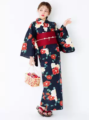 全款包税grl日本代购夏季和风典雅蓝色山茶花浴衣和服gi1003