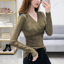  Spring and autumn new V-neck shiny silk long-sleeved T-shirt small shirt Latin national standard dance top womens modern dance practice suit