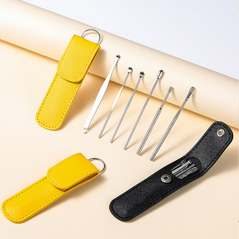 Leather jacket ear spoons suit six pieces of treehole ear holsters portable with stainless steel suit for ear cleaning tools