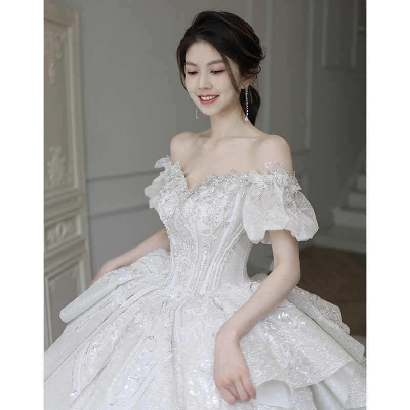 Straight Shoulder Method Main Wedding Dress 2023 New Bridal Gown Senior Sensation Small Pregnant Woman Big Code Trailing Winter-Taobao