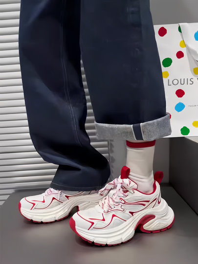 欧洲站2025秋新款真皮拼色厚底老爹鞋女网面透气炸街休闲运动鞋潮