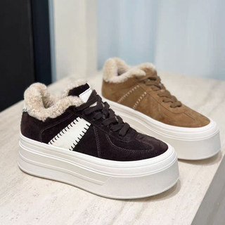 European Style Color-Blocked Thick-Soled German Training Shoes for Women, 2025 Autumn and Winter Fashion, Fleece-Lined, Retro, Versatile, Lace-Up Casual Sneakers