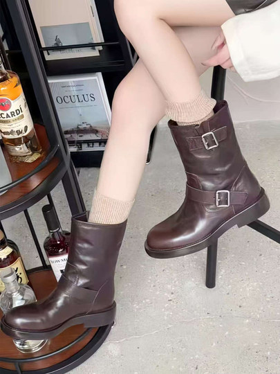 European Genuine Leather Martin Boots for Women, 2025 Autumn and Winter Models, Versatile British Style, Thick-Soled, Height-Increasing, Retro, Slimming Short Boots