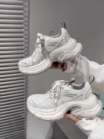 欧洲站2025秋新款真皮拼色厚底老爹鞋女网面透气炸街休闲运动鞋潮