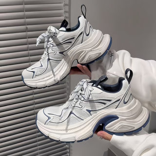 European Station 2025 Autumn New Genuine Leather Color-Block Thick-Soled Dad Shoes for Women, Mesh Breathable Street-Friendly Casual Sneakers Trend