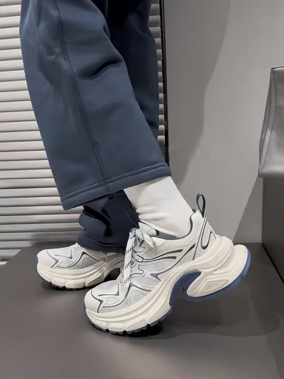 欧洲站2025秋新款真皮拼色厚底老爹鞋女网面透气炸街休闲运动鞋潮