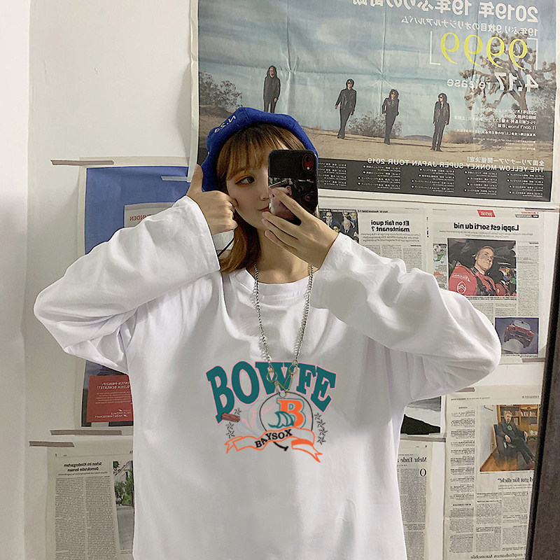 White T-shirt women's long-sleeved autumn 2019 new loose and wild in the long version of the Korean version of pure cotton in the coat top tide