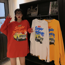 2019 autumn new car letter print hem split Joker loose long sleeve T-shirt tide cool girl sweater