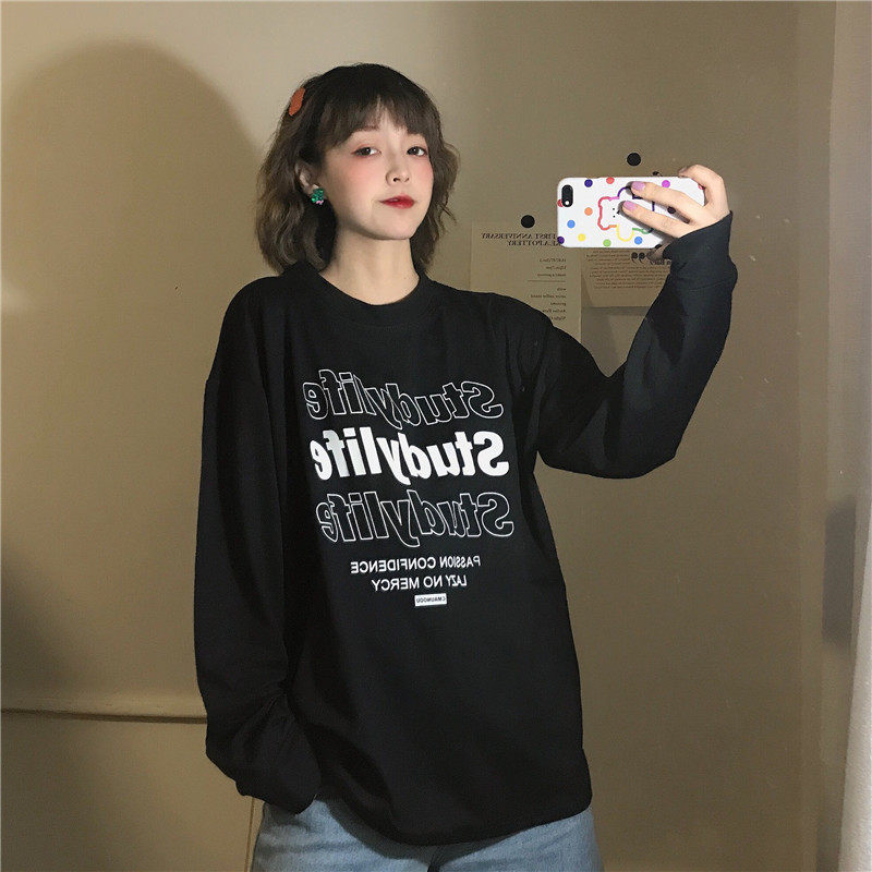 2019 autumn new Korean version Harajuku bf wind dark bereavement loose long-sleeved T-shirt base top women's tide ins