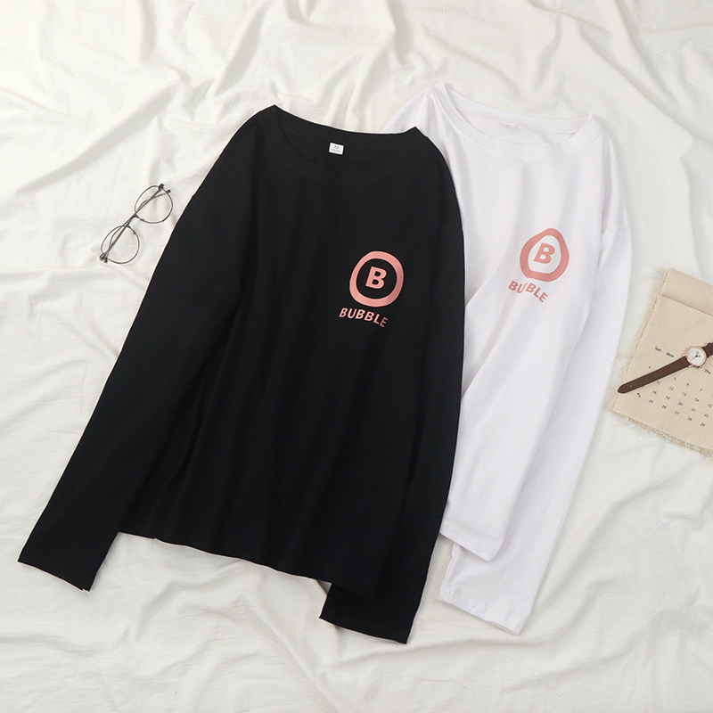Spring and autumn Korean cotton ins long-sleeved T-shirt Female student base shirt Loose and wild T-shirt Harajuku bf top tide