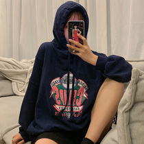 Korean version of ins tidal hooded sweater female early autumn retro Hong Kong style loose thin printing versatile girl top