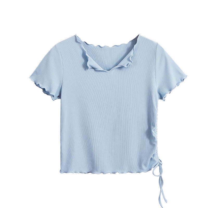 Drawstring fungus edge bm wind top women's summer 2021 new V-neck short navel slim fit slim white short-sleeved T-shirt