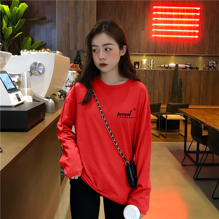Pure cotton long sleeve T-shirt female spring fall Lazy Breeze Bf Loose Korean version Student original Celiac Taste Chic Blouse Tide