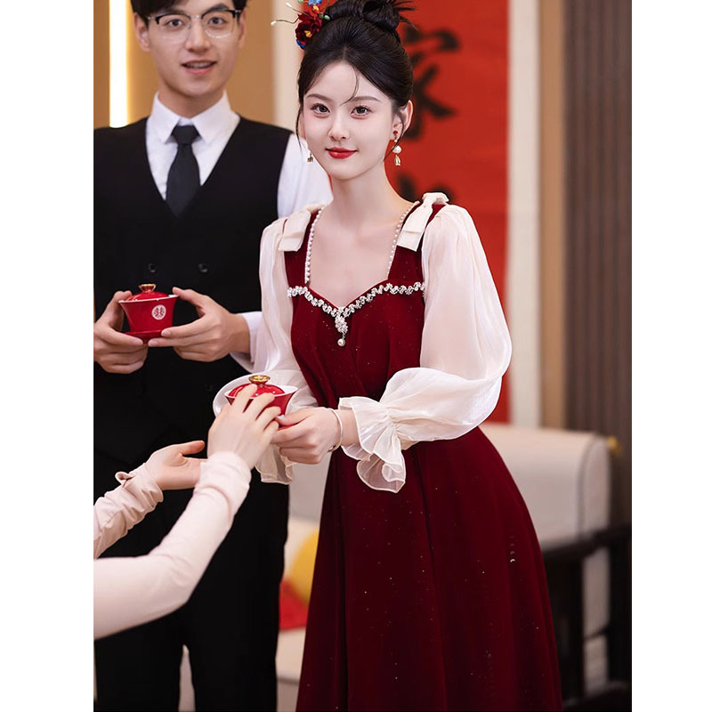 Slimming New Chinese Style Maternity Toast Dress for Bride, Winter Plus Size 100kg Fat mm Engagement Wedding Homecoming Dress