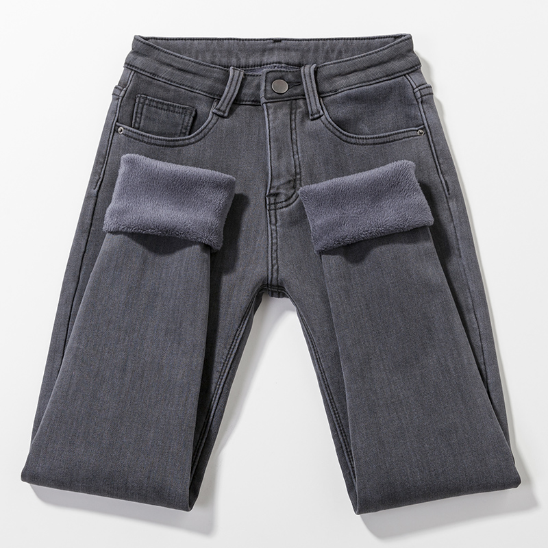 Smoke gray plus velvet jeans women's pencil pants Korean version high waist winter warm thick elastic tight trousers