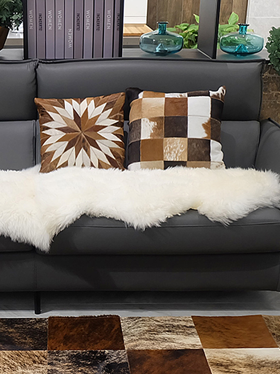 Light luxury living room sofa black leather big pillow leather cushion fur pillow high-grade horse fur pillow cover