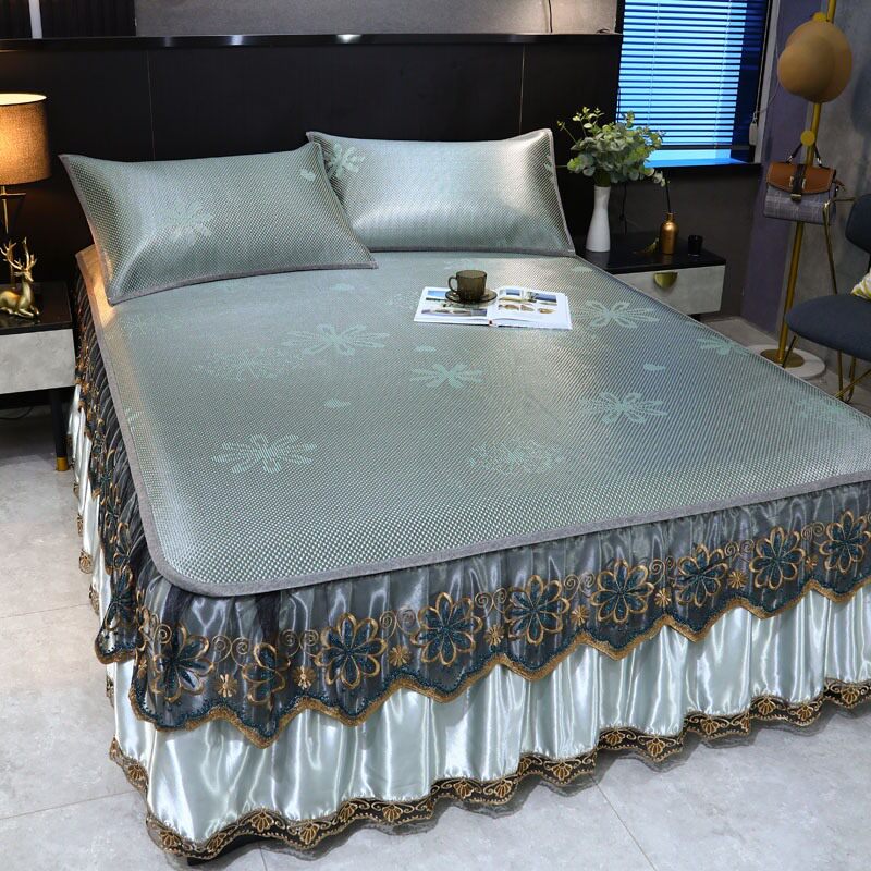 Summer rattan ice rattan mat three-piece bed skirt ice silk mat bed cover washable folding household air-conditioning bed seat