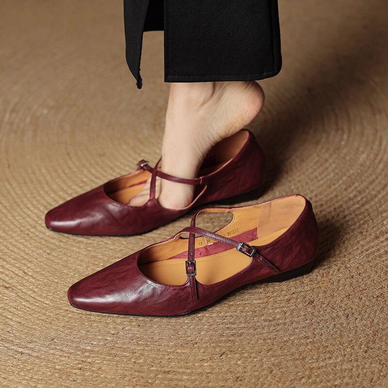 Cross-Strap Genuine Leather Shallow Mouth Flats 2026 Spring Soft Leather Flat Mary Jane Shoes Elegant Size 40 Top Layer Sheepskin