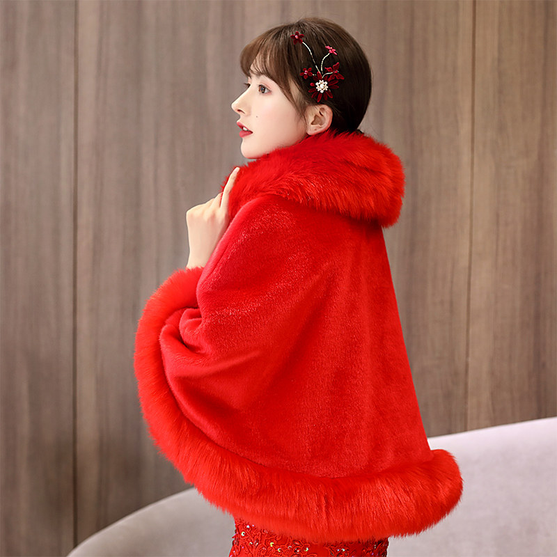 Bridal wedding wool shawl winter new red elegant cape thickened cloak dress wedding banquet coat female
