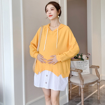 Pregnant women autumn hot mom foreign style long fake two-piece sweater 2021 New Fashion large size loose hooded top