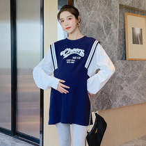 Pregnant women autumn fashion stitching cotton round neck sweater 2021 new casual large size loose long top