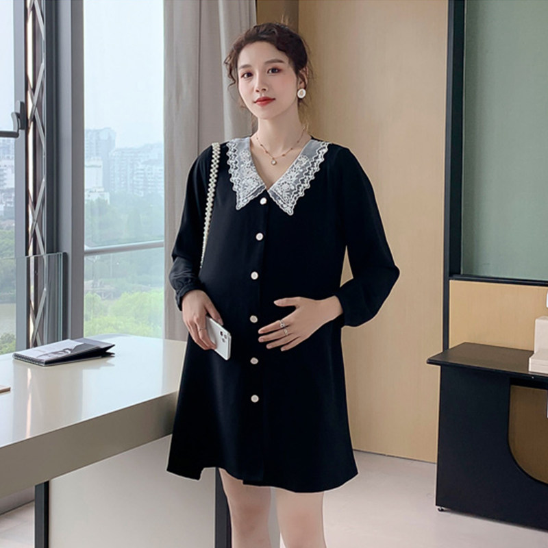 Pregnant Woman Spring Fashion Fashion Great Size Loose Dolls Collar Foreign Dress 2022 New Spicy Moms Mid-Length Version Little Black Dress