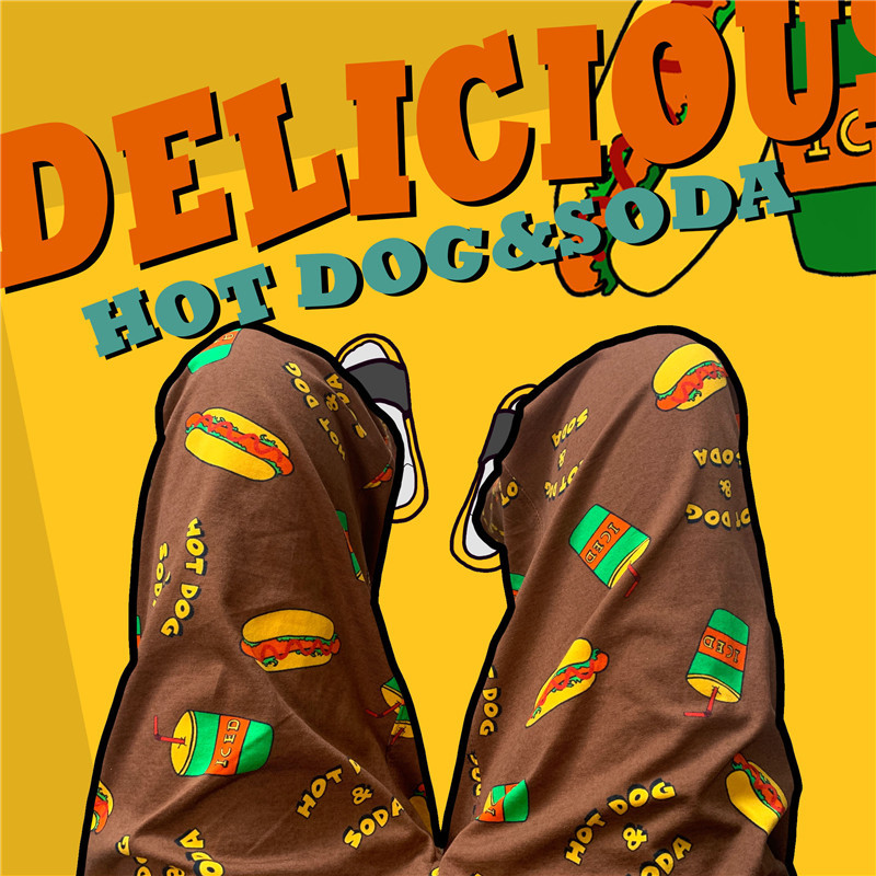 American Cartoon Retro Niche Design Hot Dog Letter Os Loose Large Size Unisex Home Pants Couple Pure Cotton Pajama Pants