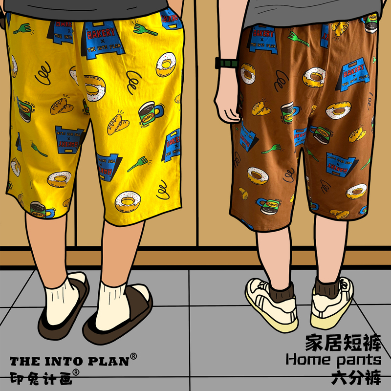 Cartoon Design Cute Shorts Summer Cotton Couple Unisex Home Mid-Length Pants Loose Over-The-Knee Six-Point Pants