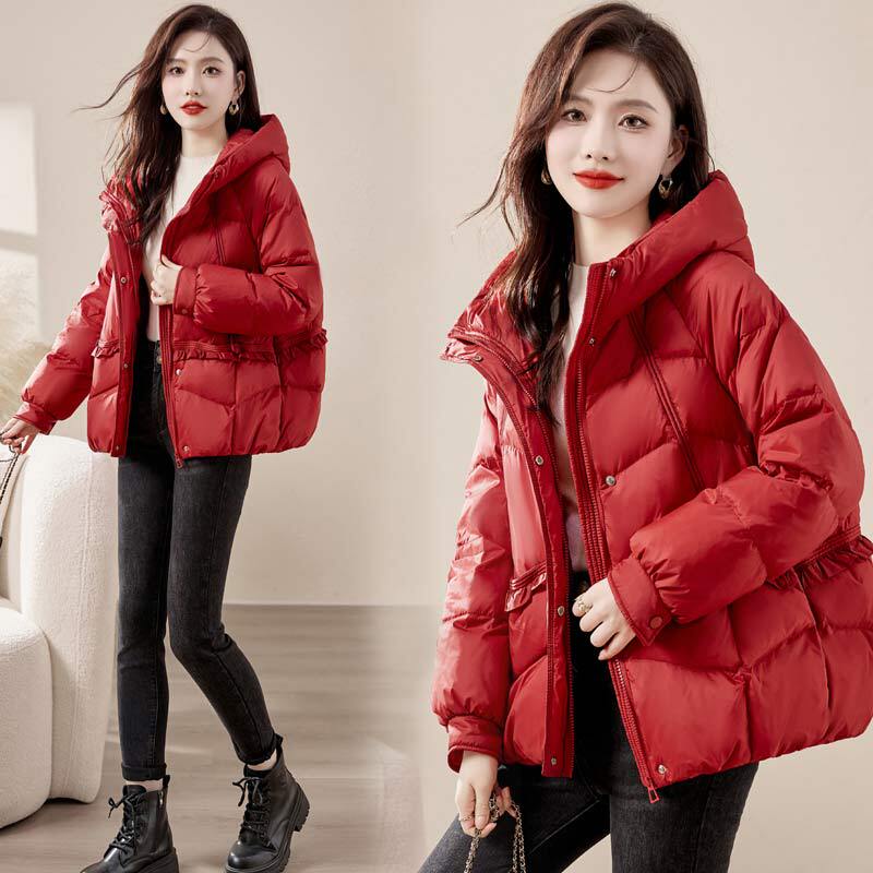 Lusam Short down Jacket for Women 2025 New Winter Fashion Stylish Warm White Duck down Red Coat
