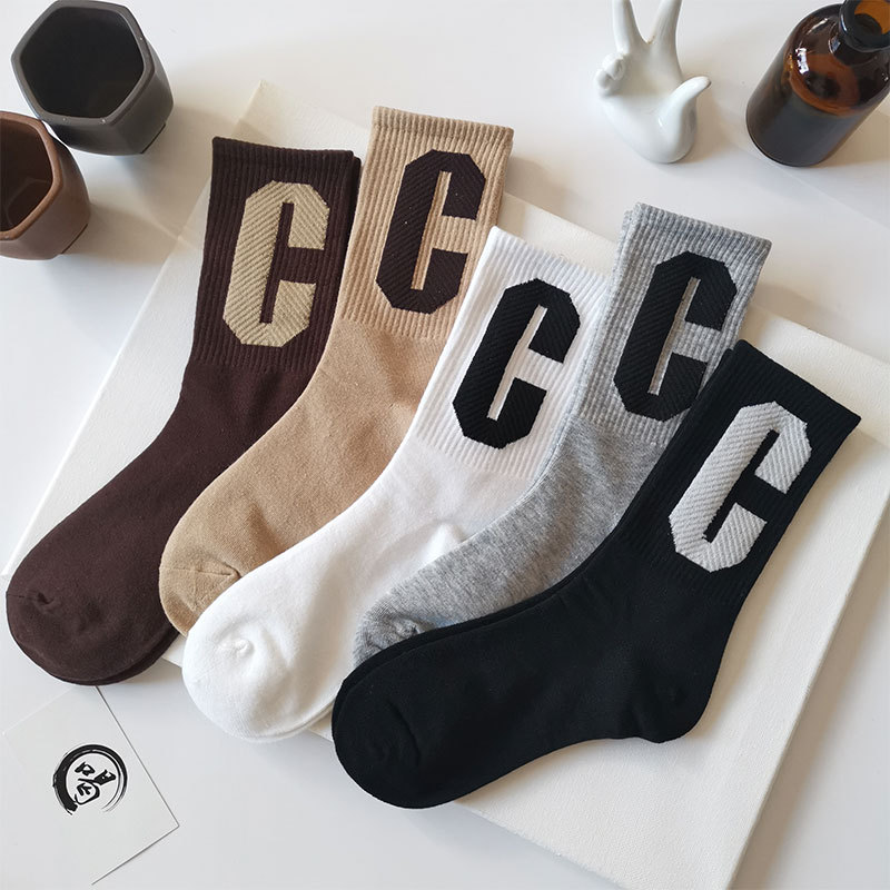 Letter C Socks for Women, Mid-Calf Length, Pure Cotton, Spring and Autumn, Trendy Korean Style, Couple Wear, Student Long Socks for Men ins Trendy
