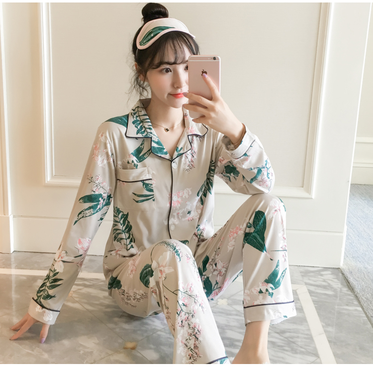 Mùa xuân và mùa thu nữ Hàn Quốc Bộ đồ ngủ dài tay cotton ngọt ngào dễ thương XL sọc Set áo len nhà mùa hè bộ quần áo ngủ