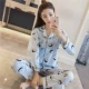 Mùa xuân và mùa thu nữ Hàn Quốc Bộ đồ ngủ dài tay cotton ngọt ngào dễ thương XL sọc Set áo len nhà mùa hè