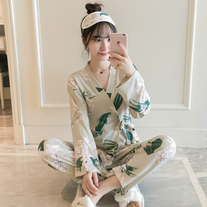 Spring and autumn long-sleeved cardigan cotton pajamas female Japanese kimono cute student two-piece suit cotton home service summer