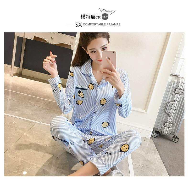 Bộ đồ ngủ nữ cotton dài tay mùa xuân và mùa hè mỏng phần ve áo cardigan tháng phù hợp với dịch vụ nhà XL bộ đồ mặc nhà mùa hè