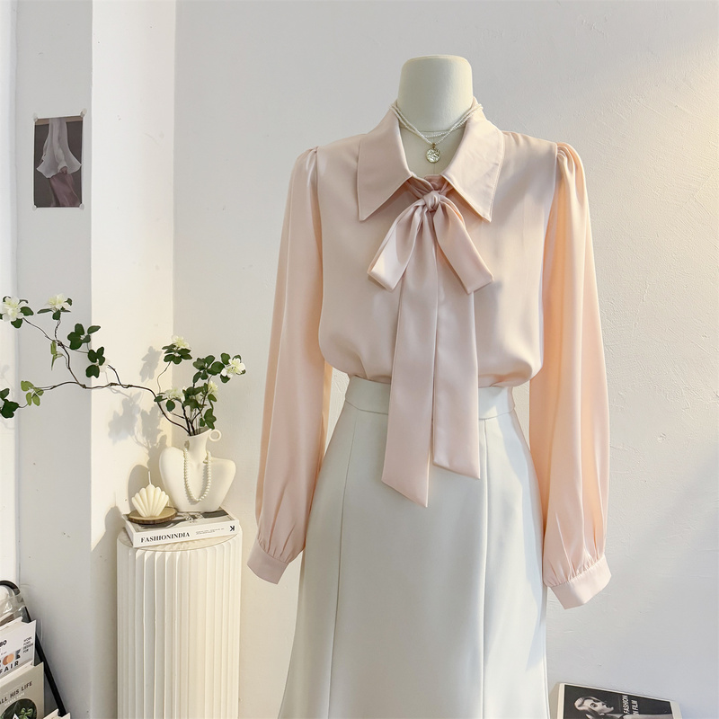 Pink Lace-Up Bow Satin Long-Sleeved Shirt for Women 2025 Autum Elegant Work Clothing Ribbon Shirt Professional Formal Wear