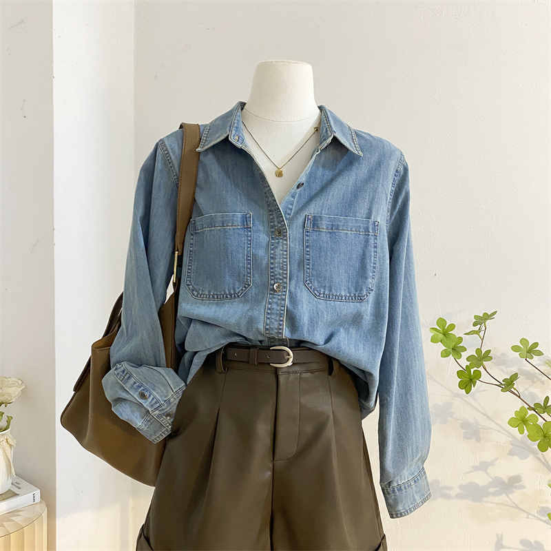 Vintage Washed Denim Shirt for Women, Autumn and Winter Korean Style, Loose Casual Fashionable Layered Shirt, Slimming Base Layer Top