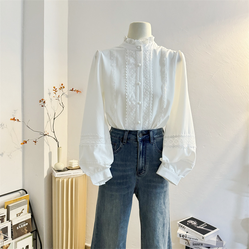Lace Trim Patchwork White Ruffled Stand Collar Blouse for Women 2026 Autumn Stylish Inner Wear Lantern Long Sleeve Top