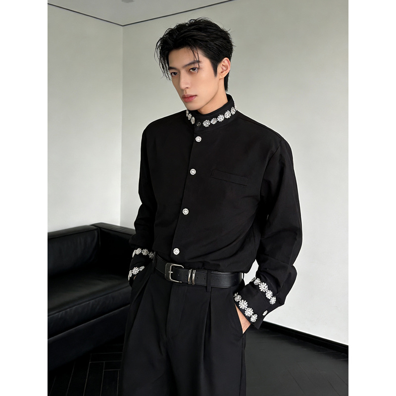 He Shiyue/Light Luxury French Style No-Iron Black Shirt with Heavy Beading, British Stand-Up Collar Long-Sleeve Shirt for Male Models