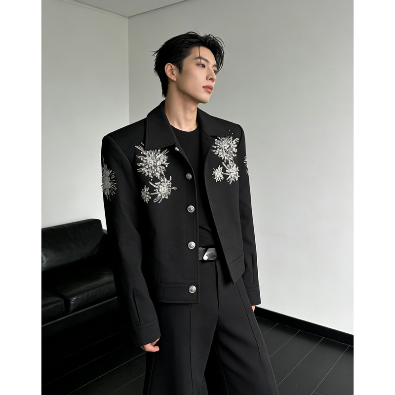 He Saiye/Light Luxury Sequin Embroidered Shoulder-Padded Black Jacket for Men, Spring Style, High-End, Cool and Stylish Jacket