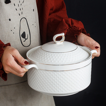 8 inch household ceramic binaural soup bowl with lid Nordic luxury gold side large microwave oven Soup Bowl Spoon