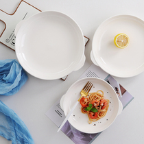 Household binaural ceramic dishes Nordic pure white creative large 10 inch microwave oven baked rice plate round plate