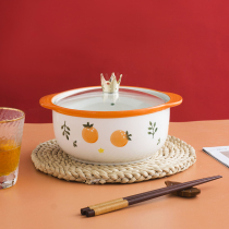 Home Cute Double Ear Ceramic Soup Bowl Student Adult Large Noodle Bowl With Lid Fruit Cartoon Round Microwave Oven Bowl